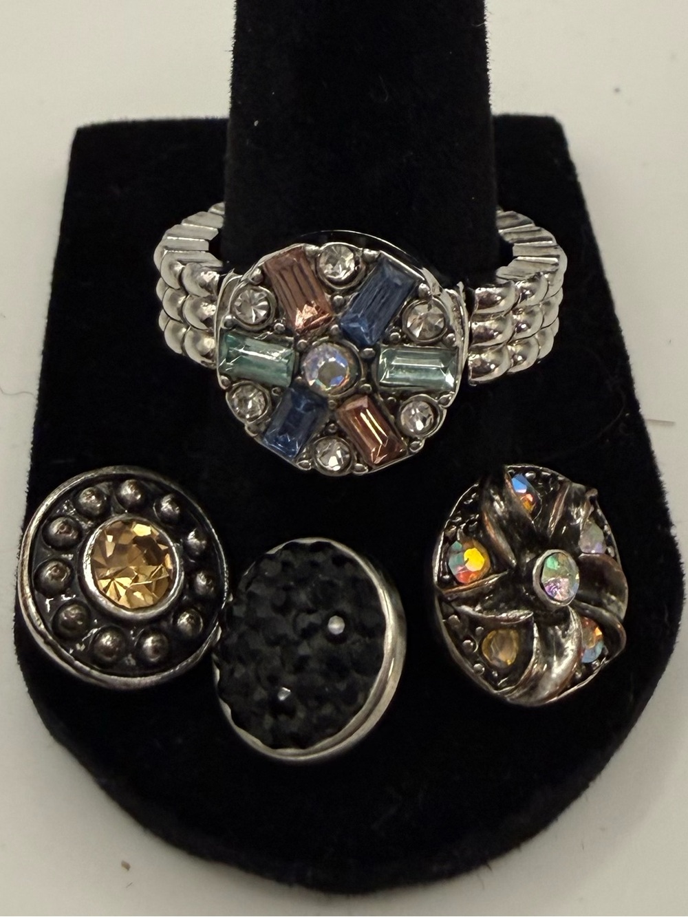 Silver-Tone Women’s Interchangeable Crystal Button Ring - Multi-Color stretch